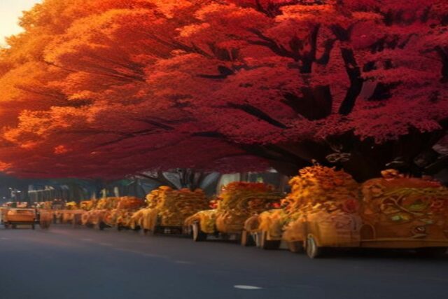 Avenida arbolada con follaje rojo y naranja y una fila de carros alegóricos cubiertos de flores de cempasúchil estacionados a un costado, alusiva al Desfile de Día de Muertos 2026 en la CDMX