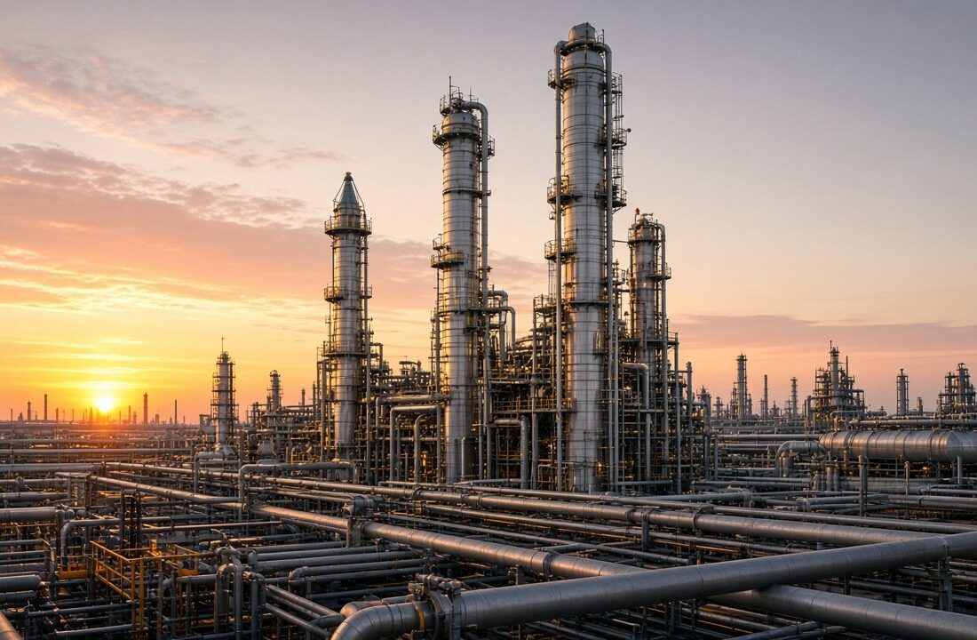Refinería de petróleo con torres de destilación y tuberías metálicas iluminadas al amanecer, sin personas