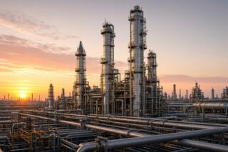 Refinería de petróleo con torres de destilación y tuberías metálicas iluminadas al amanecer, sin personas
