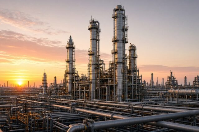 Refinería de petróleo con torres de destilación y tuberías metálicas iluminadas al amanecer, sin personas