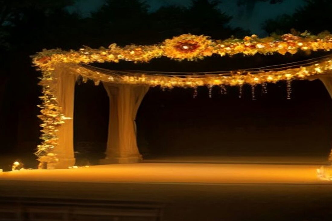 Escenario al aire libre con un arco de columnas cubierto de guirnaldas de cempasúchil y luces cálidas entre árboles de noche, alusivo al Día de Muertos INBAL 2026 en el Jardín Escénico