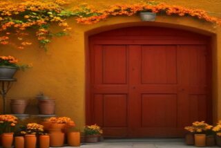 Fachada colonial de muro ocre con puerta de madera roja, macetas de barro y flores de cempasúchil sobre el arco, alusiva al Día de Muertos en Oaxaca 2026