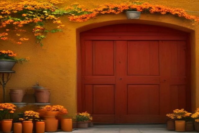 Fachada colonial de muro ocre con puerta de madera roja, macetas de barro y flores de cempasúchil sobre el arco, alusiva al Día de Muertos en Oaxaca 2026