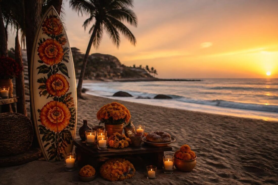 Tabla de surf pintada con flores de cempasúchil junto a un pequeño altar de Día de Muertos con veladoras frente al mar de Sayulita al atardecer