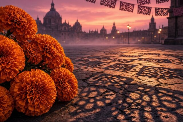 Ramo de flores de cempasúchil en primer plano sobre la plancha del Zócalo al atardecer, con papel picado y la sombra de sus calados, alusivo al Día de Muertos CDMX 2026