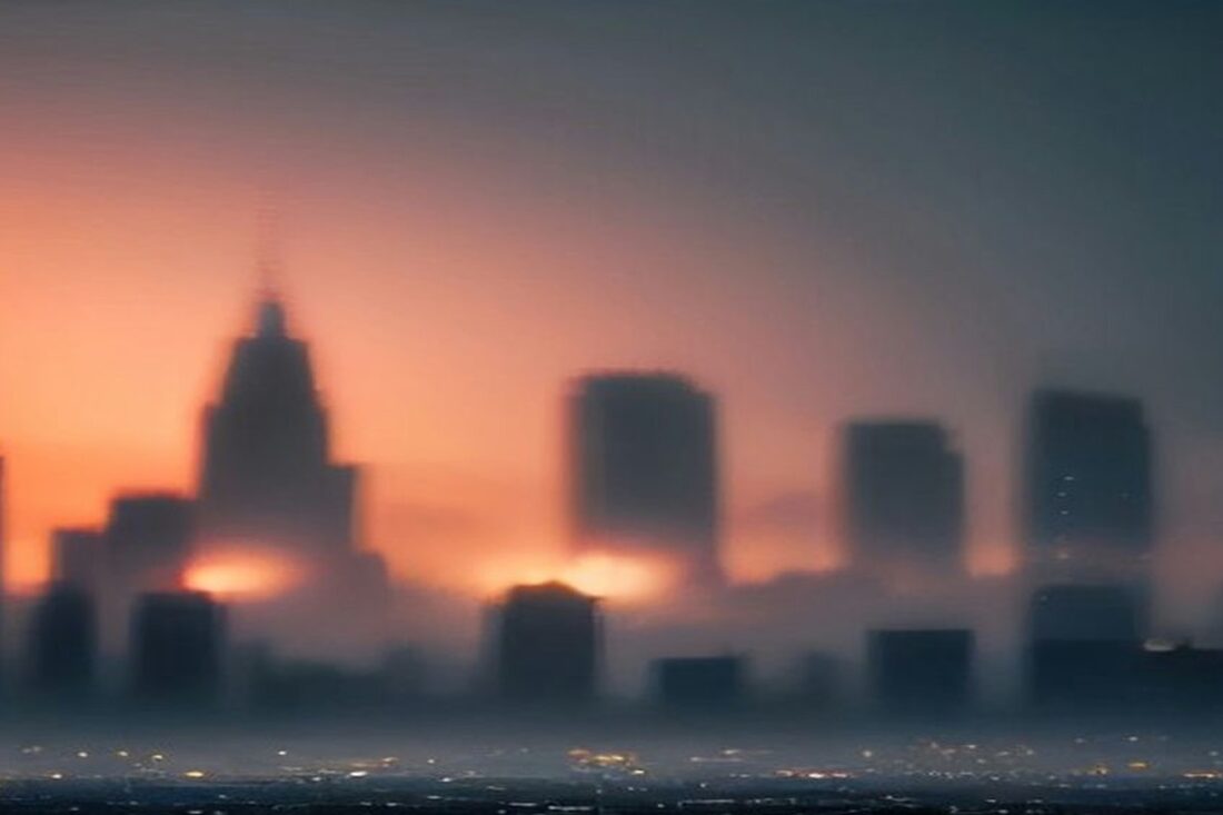 Skyline urbano desenfocado al atardecer entre niebla y luces naranjas, concepto de economía urbana, sin texto