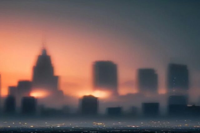 Skyline urbano desenfocado al atardecer entre niebla y luces naranjas, concepto de economía urbana, sin texto