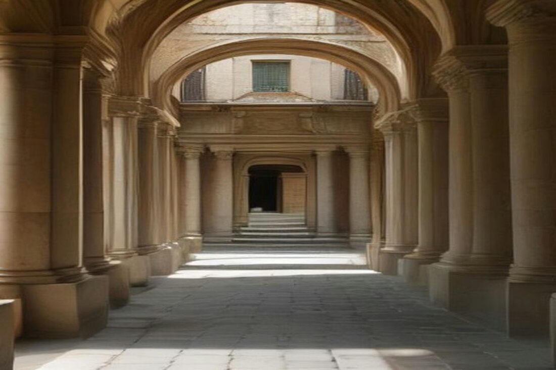 Pasillo de arcos y columnas de piedra en un edificio colonial vacío del Centro de la Ciudad de México con luz suave, sin personas ni texto