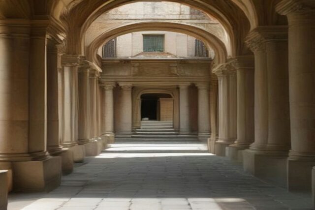 Pasillo de arcos y columnas de piedra en un edificio colonial vacío del Centro de la Ciudad de México con luz suave, sin personas ni texto