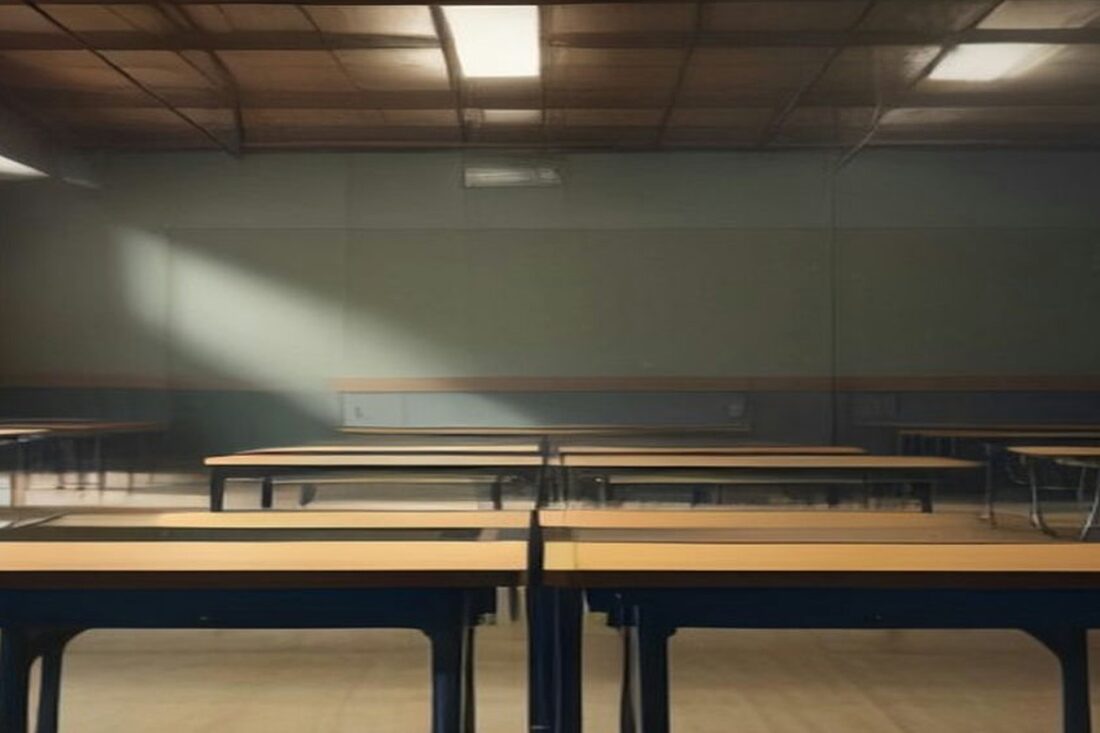 Amplio salón tipo gimnasio con largas mesas plegables de madera alineadas y lámparas de techo encendidas, sin personas