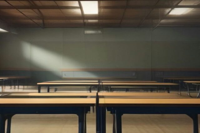 Amplio salón tipo gimnasio con largas mesas plegables de madera alineadas y lámparas de techo encendidas, sin personas