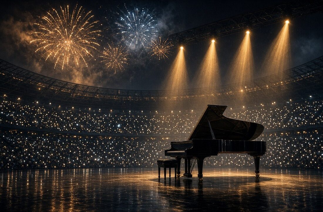 Piano de cola negro iluminado en el escenario de un estadio nocturno con fuegos artificiales y luces del público