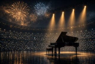 Piano de cola negro iluminado en el escenario de un estadio nocturno con fuegos artificiales y luces del público