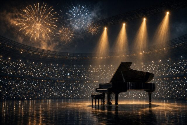 Piano de cola negro iluminado en el escenario de un estadio nocturno con fuegos artificiales y luces del público