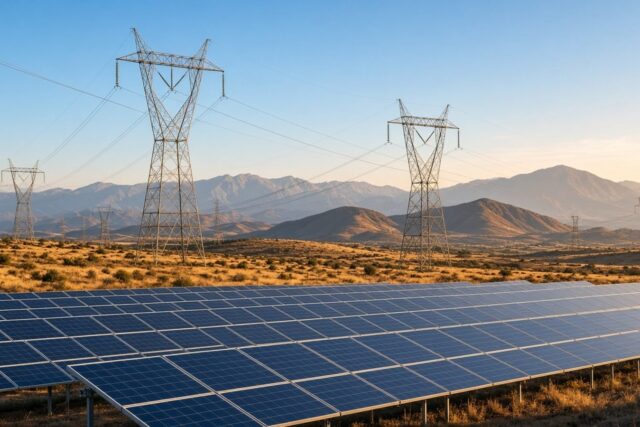Torres de transmisión eléctrica y paneles solares bajo cielo mexicano al atardecer, infraestructura energética sin logos ni personas