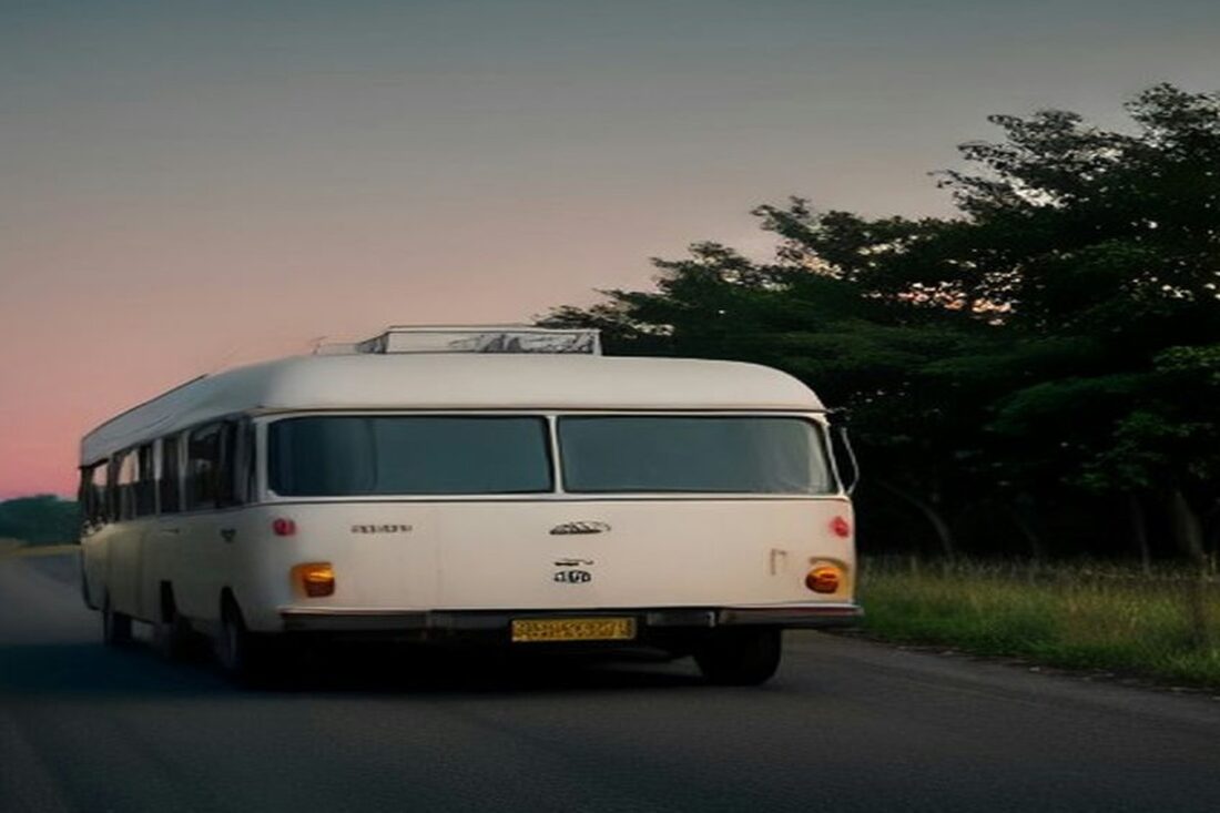Autobús blanco circulando por una carretera rural al atardecer con árboles frondosos a un costado