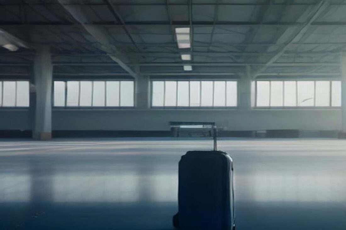 Maleta azul de rueditas en medio de una sala de aeropuerto vacía con ventanales y luz suave de la mañana, alusiva a los requisitos del ETIAS para viajar a Europa