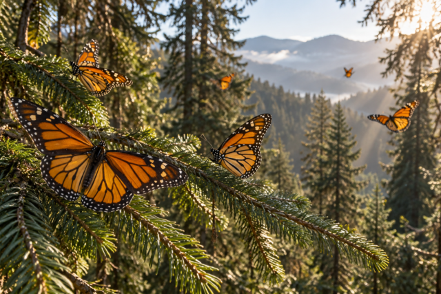 Ilustración generada con IA de mariposas monarca sobre ramas de oyamel en un bosque de montaña.