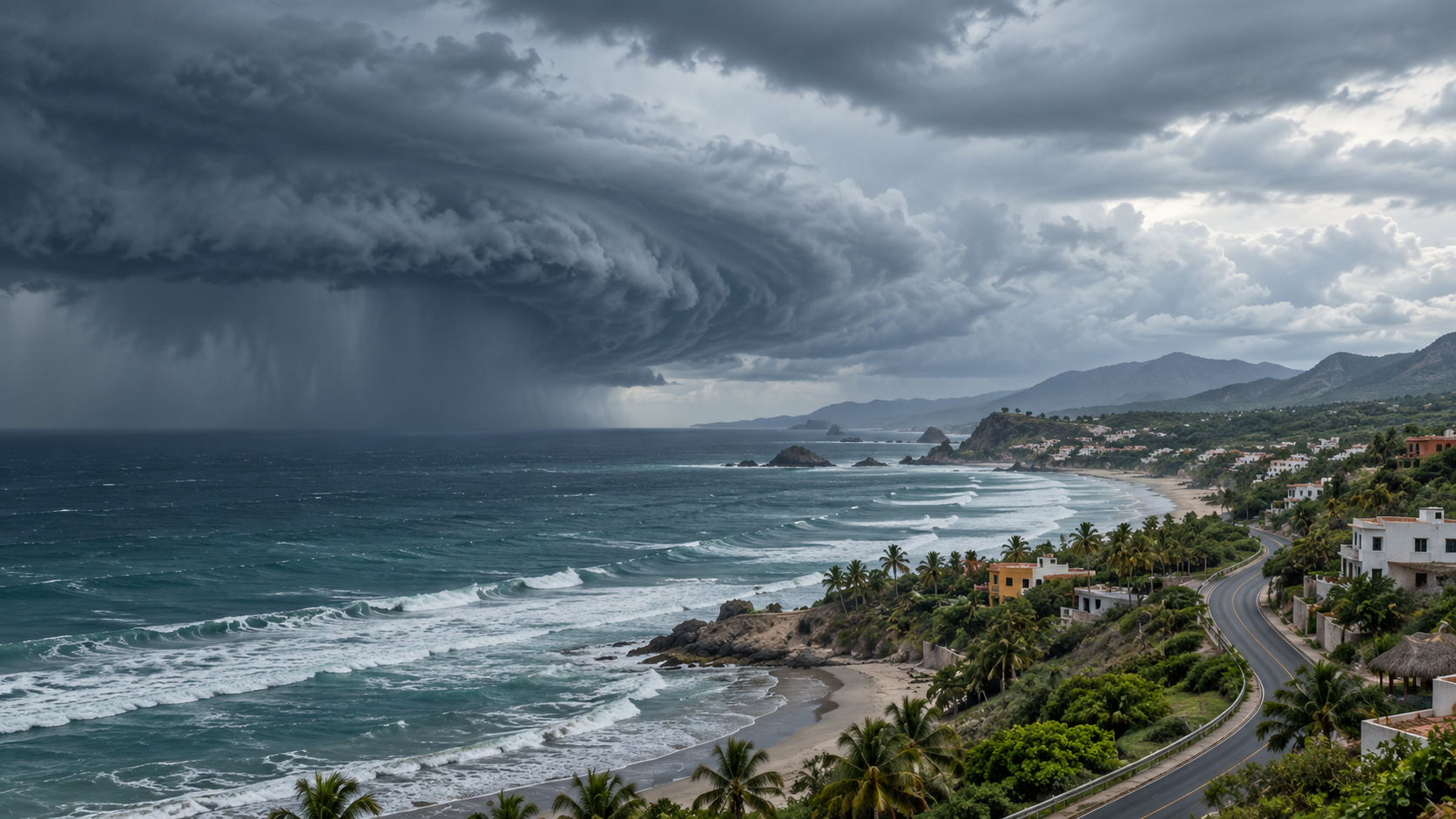 Ilustración editorial de nubes de tormenta sobre la costa del Pacífico mexicano ante el paso de Simón