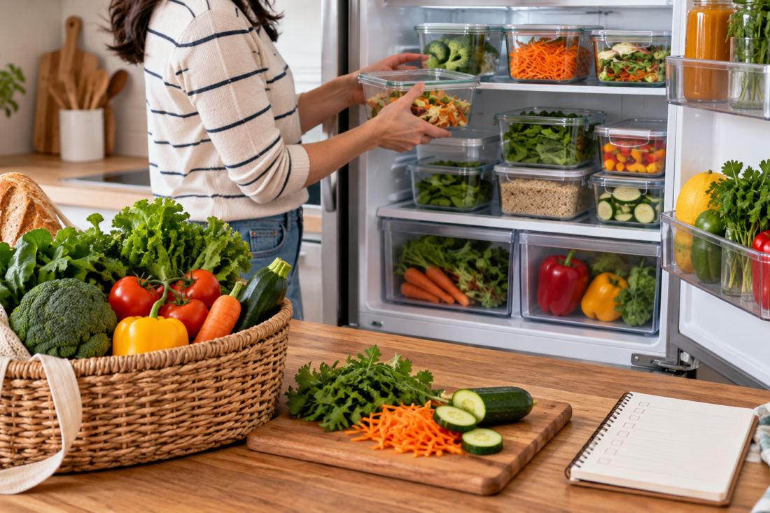 Lista de compras y alimentos organizados en una cocina para planear el gasto y reducir desperdicios.