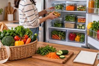 Lista de compras y alimentos organizados en una cocina para planear el gasto y reducir desperdicios.