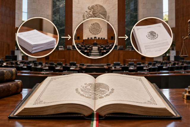Ilustración editorial de una iniciativa que pasa por comisiones, el Pleno y la publicación oficial