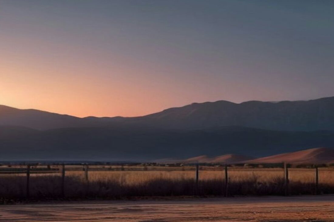 Cerca de postes y alambre en un llano seco del desierto al atardecer, con montañas y dunas al fondo, sin personas ni texto