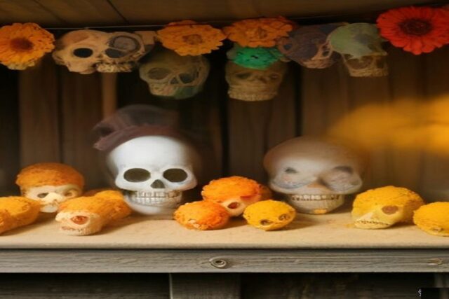 Calaveritas de azúcar y dulces de alfeñique con pétalos de cempasúchil sobre mesa de madera, alusivos a la Feria del Alfeñique Toluca
