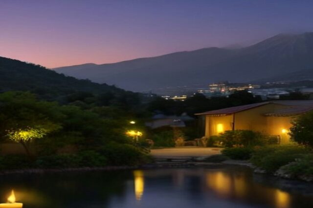Lago al anochecer con una vela encendida en primer plano, casas iluminadas y montañas al fondo en un pueblo de montaña, alusivo al Festival de las Almas 2026 en Valle de Bravo