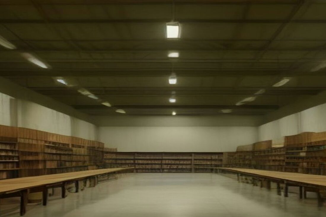 Gran salón de exposiciones vacío con estanterías de madera llenas de libros a los lados, mesas largas y lámparas en el techo, alusivo a la FIL Guadalajara 2026