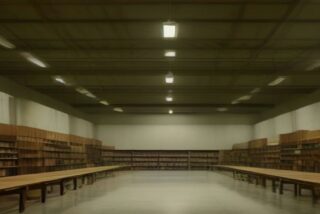 Gran salón de exposiciones vacío con estanterías de madera llenas de libros a los lados, mesas largas y lámparas en el techo, alusivo a la FIL Guadalajara 2026