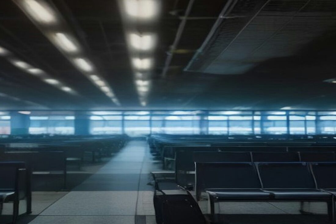 Sala de espera de un aeropuerto de noche con asientos vacíos, luces en el techo y un gran ventanal hacia la pista