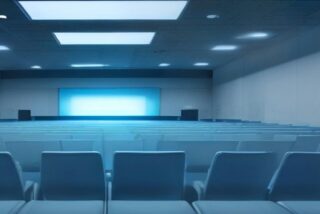 Auditorio de conferencias vacío con hileras de butacas azules y una pantalla iluminada sin contenido al fondo bajo luz fría, sin personas ni texto