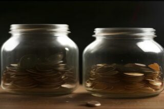 Dos frascos de vidrio con monedas sobre una mesa de madera, con una moneda suelta al frente y fondo oscuro