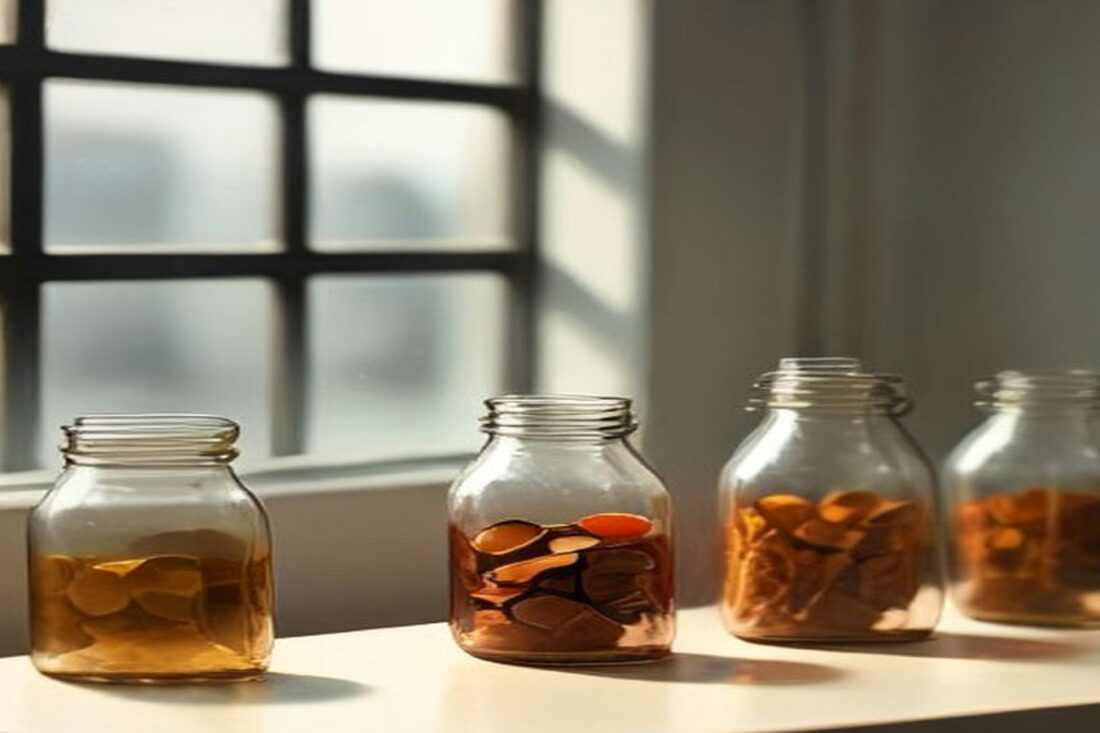 Cuatro frascos de vidrio con monedas de cobre junto a una ventana con luz de día