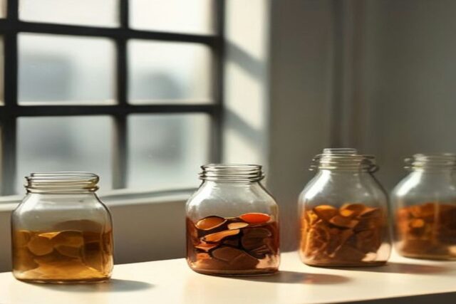 Cuatro frascos de vidrio con monedas de cobre junto a una ventana con luz de día