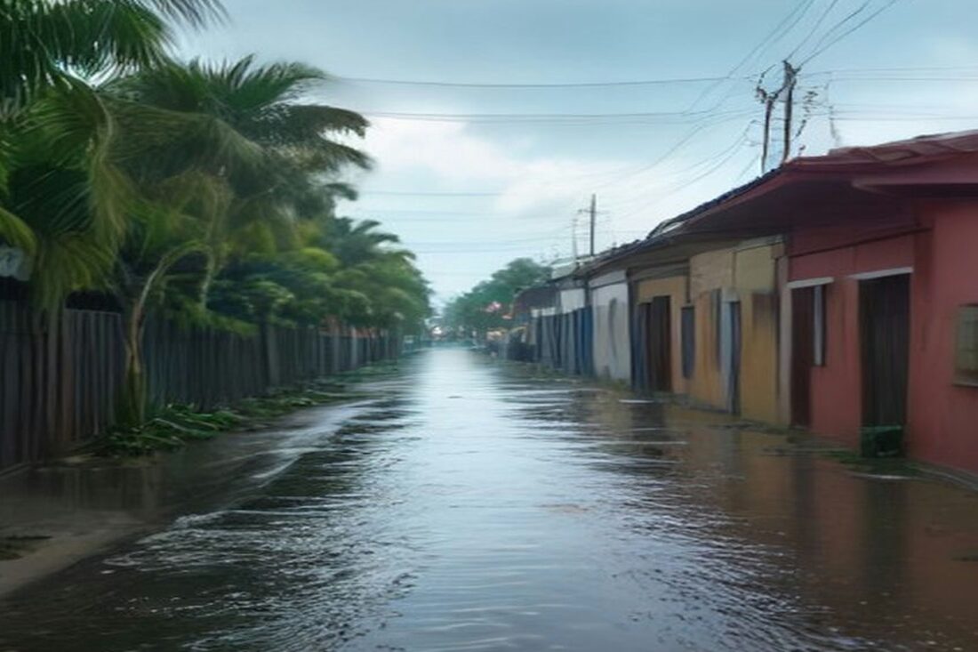 Calle inundada de un pueblo tropical con casas de colores de una planta, agua café que cubre el pavimento, palmeras y cielo nublado, sin personas ni texto
