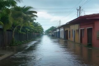 Calle inundada de un pueblo tropical con casas de colores de una planta, agua café que cubre el pavimento, palmeras y cielo nublado, sin personas ni texto