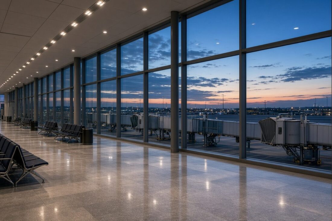 Terminal aeroportuaria moderna vacía al atardecer con fingers y salas de abordaje iluminadas, sin logos ni personas, alusiva a la aviación de bajo costo