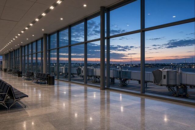 Terminal aeroportuaria moderna vacía al atardecer con fingers y salas de abordaje iluminadas, sin logos ni personas, alusiva a la aviación de bajo costo