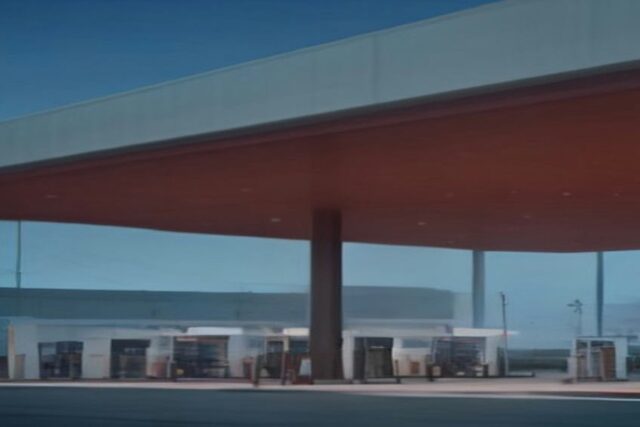 Techo de una gasolinera moderna al atardecer con una hilera de dispensadores de combustible bajo la marquesina y cielo azul, sin personas ni texto
