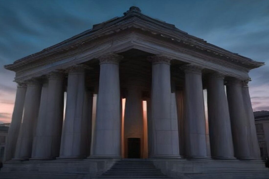 Fachada neoclásica de piedra con altas columnas iluminada al anochecer bajo nubes dramáticas y cielo azul profundo