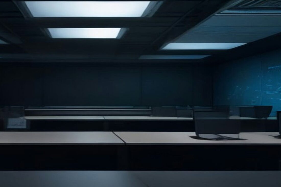 Sala de operaciones en penumbra con escritorios vacíos, monitores apagados y una pared con un mapa digital de luz azul, sin personas ni texto