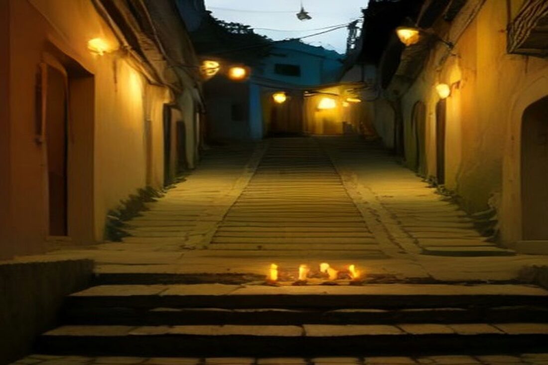 Callejón colonial iluminado de noche con velas encendidas sobre los escalones, alusivo al Hanal Pixán 2026 en Mérida