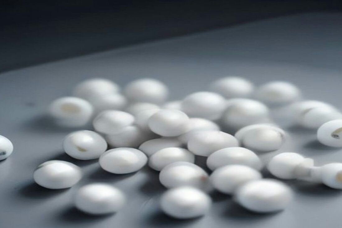 Decenas de pastillas blancas redondas esparcidas sobre una superficie metálica gris bajo una luz fría