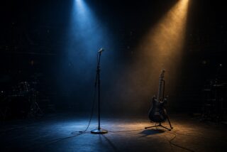 Escenario vacío de gran auditorio a oscuras con luces azul y ámbar, micrófono y guitarra sin músicos