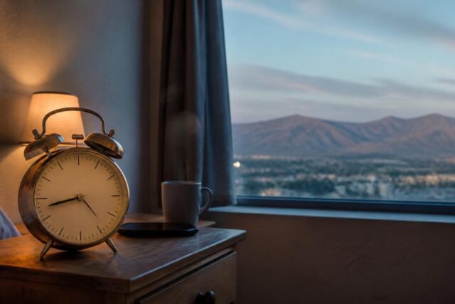 Reloj despertador analógico sobre un buró junto a una taza de café frente a una ventana con vista a una ciudad del norte de México al amanecer