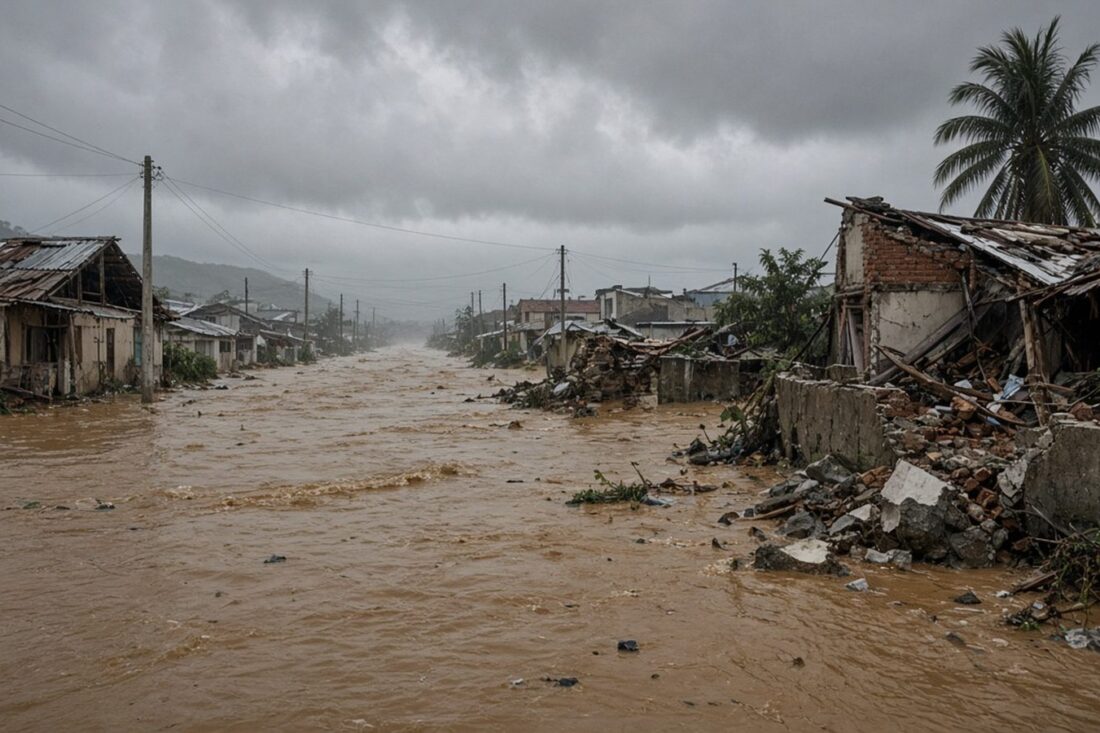 Calle residencial inundada en zona costera con techos dañados y agua lodosa tras tormenta, sin personas ni rostros visibles