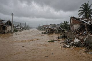 Calle residencial inundada en zona costera con techos dañados y agua lodosa tras tormenta, sin personas ni rostros visibles