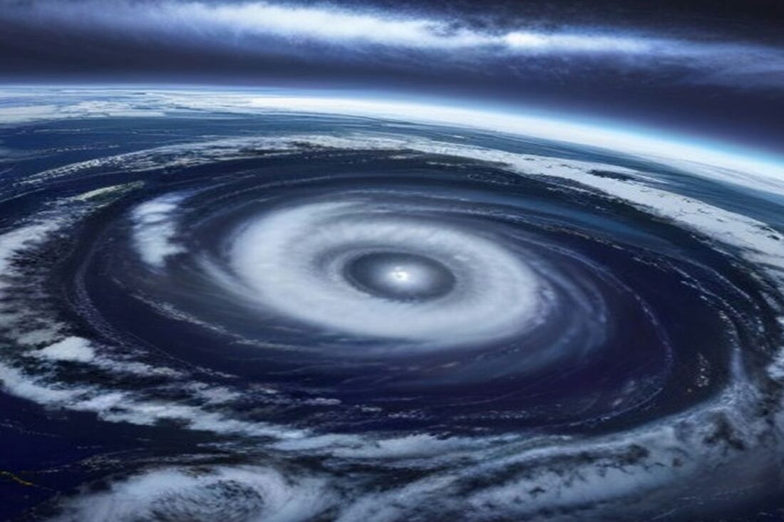 Vista satelital de un huracán con el ojo bien definido y amplias bandas de nubes en espiral sobre el océano oscuro, sin personas ni texto